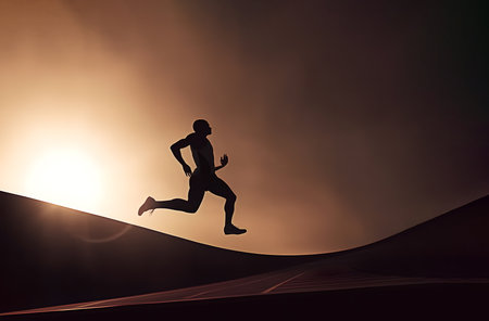 The black silhouette of a running athlete against the backdrop of the rising sun. Stadium area. Outdoor.の素材