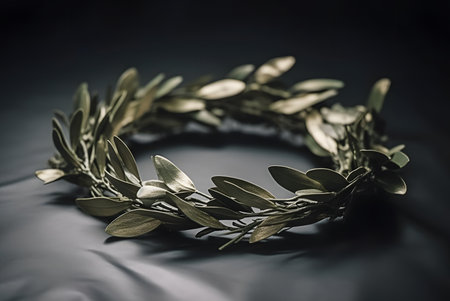 Closeup of a laurel wreath of green leaves on a gray surface illuminated by light. A symbol of victory, glory, peace since antiquity.の素材