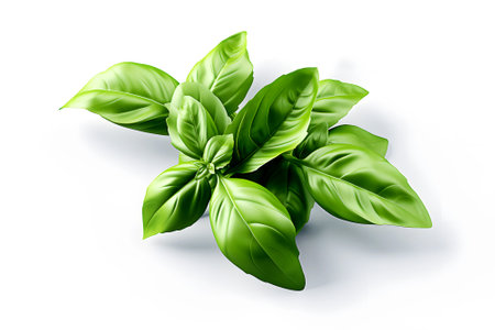 Fresh green organic basil leaves isolated on white background top view closeup.の素材