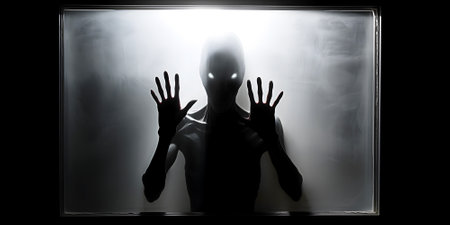Black silhouette of nightmare creature standing behind glass with hands on surface.の素材