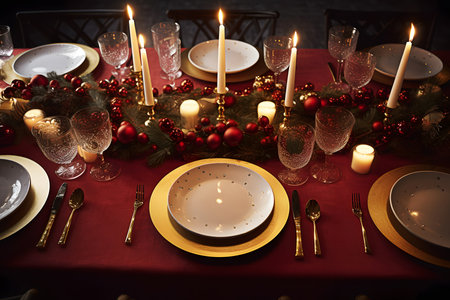 Christmas table covered with red fabric cloth and served for holiday event at luxury restaurantの素材