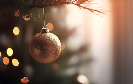Golden shiny decorative ball hanging on Christmas tree branch on blurred background at home insideの素材