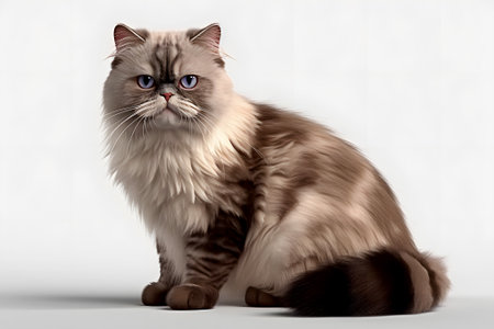 Studio portrait of adult persian cat with blue eyes and grey fluffy fur isolated on white backgroundの素材
