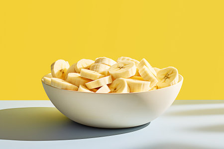 Fresh banana slices in white ceramic bowl standing on table on yellow background close upの素材