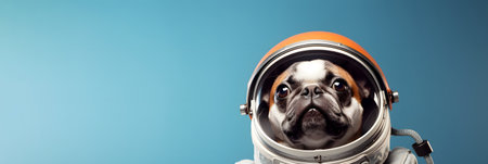 Close up portrait of funny dog bulldog wearing spacesuit on blue background, panoramic view with copyspaceの素材