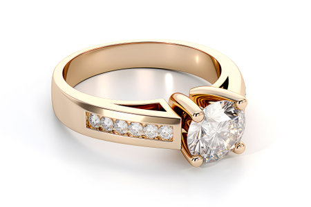 Golden luxury wedding ring with shiny diamond for newlyweds isolated on white backgroundの素材