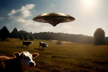 Large alien flying saucer wants to kidnap cows grazing on farmland meadow.の素材