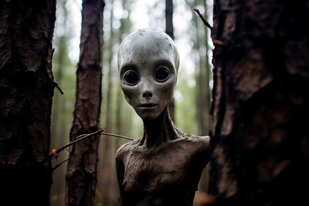 Ugly alien peeks out from behind tree in dense rainy forest early in morningの素材
