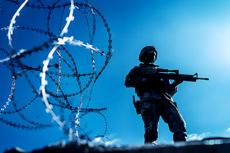 Soldier guard silhouette who standing with gun machine on state border with barbed wire against blue skyの素材