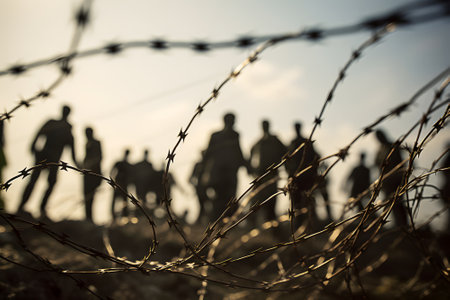Blurred silhouettes of refugees human crowd behind iron barbed wire fence on borderの素材