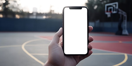 Person holding smart phone with white empty space in hand on blurred basketball court backgroundの素材