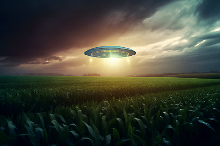 Glowing flying saucer UFO flies over a corn field against the backdrop of a cloudy night sky.の素材
