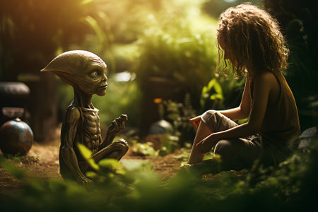 Alien creature is talking to a cute little girl in the forest in a fabulous sunny meadow.の素材
