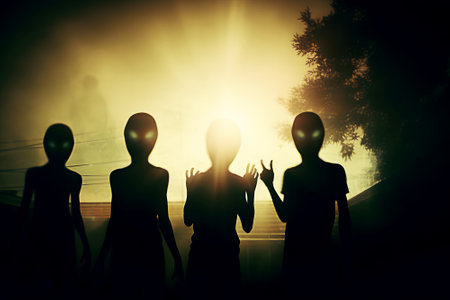 Silhouettes of four scary alien monsters against the background of a luminous sky outdoors.の素材
