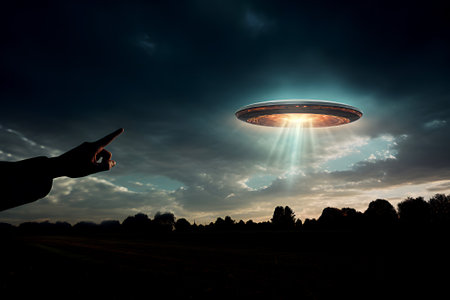 The hand of man pointing to landing glowing spaceship outside the city.の素材