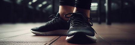 Feet of person in black sports sneakers with laces on floor in gym close upの素材