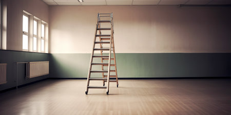 Wooden construction ladder stands on floor in empty room before renovation begins indoorの素材
