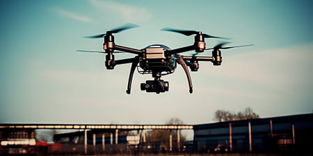 Drone with video surveillance camera flies over territory of abandoned factory and records video of surroundingsの素材
