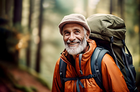 Portrait of smiling elderly tourist in bright orange jacket with backpack in forest doing hikingの素材