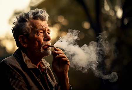 Older man with tired appearance smokes cigarette in park in evening at sunset side view outdoorの素材