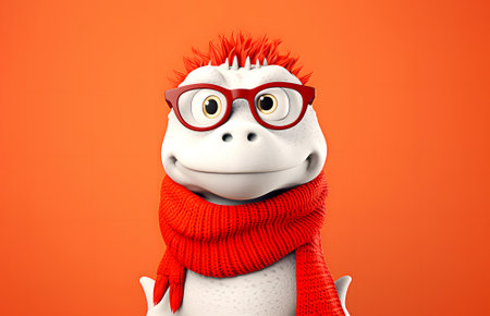 White lovely smiling dragon in big eyeglasses and red knitted scarf isolated on orange backgroundの素材