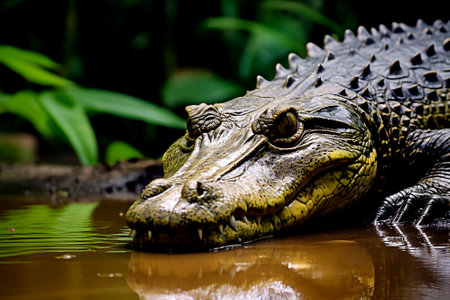 Crocodile crawls along river bank into muddy water in its natural habitat outdoorの素材