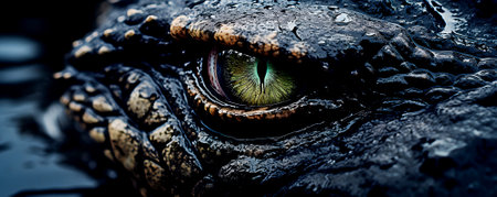 Close up of open yellow eye of wild angry alligator who watching for victim for attack outdoorの素材