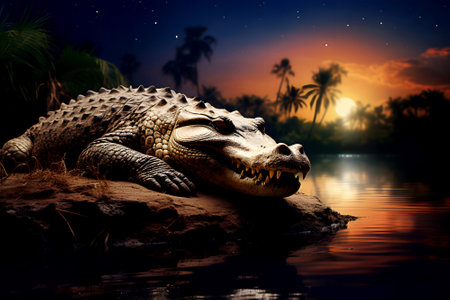 Big crocodile lies and sleeps on beach with palm trees background at sunset in serene atmosphere. Relaxation and resting concept.の素材