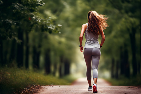 Rear view of running woman on road through park area for cardio and endurance training at morning outside. Exercise and workout outdoor in nature concept.の素材