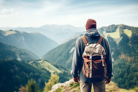 Mature hiker wearing sporty clothes with backpack behind shoulders observing beautiful view in mountains, rear viewの素材