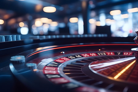 Closeup of roulette wheel in casino on blurred glowing night background indoors.の素材