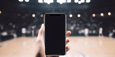 Black smartphone screen in hand of fan against the backdrop of basketball match indoors.の素材