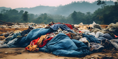 Randomly scattered synthetic clothing of fabric industry pollutes environment in nature. Used textile clothes ecological problem concept.の素材