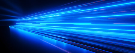 Bright glowing white neon lines on blue color abstract background, illustration of web bannerの素材