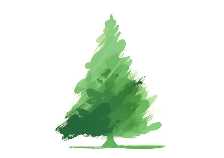 Christmas tree of green color painted of child for holiday gift and greeting isolated on white background. Illustration design element.の素材
