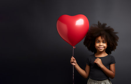Portrait of cute young african girl with red balloon in heart shape standing in studio on black background, holiday concept.の素材