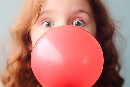 Young teen girl blowing big red bubble with gum close up view. Dental care and lifestyle concept.の素材