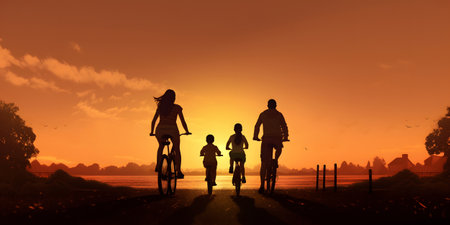 Silhouettes family of bikers on cycles rides on lake shore at sunset, rear view. Active and healthy lifestyle concept.の素材