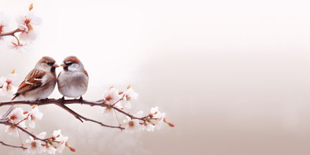 Cute couple of garden sparrow birds in love seated on thin tree twig with blossom flowers in spring time. Love and family concept.の素材