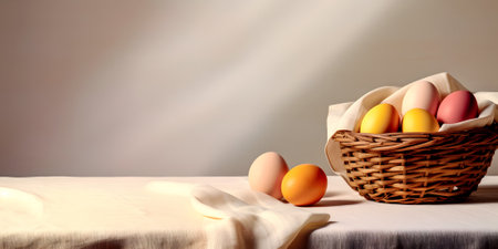 Wicker wooden basket with painted Easter eggs standing on table covered with rustic cloth on light background with copyspaceの素材