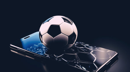 Soccer ball on smartphone touchscreen close up on dark background. Mobile football and sport bets concept.の素材