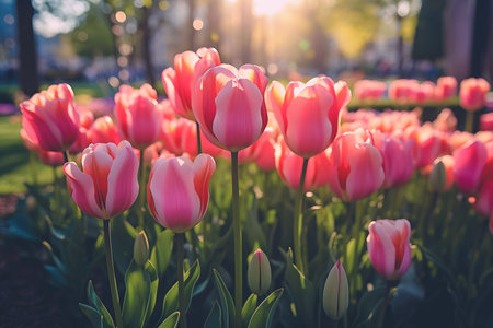 Red tulip flowers growing on flowerbed in urban park on sunny day outsideの素材