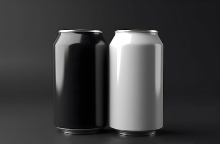 Black and white tin aluminum beverage drink cans with blank copy space for mockup or logo information. Soda or beer jars with template for design.の素材