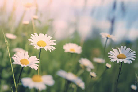 Wild chamomile flowers growing on meadow with long grass on sunny spring or summer day outdoor. Chamomile aromatic European plant of daisy family with white petals.の素材