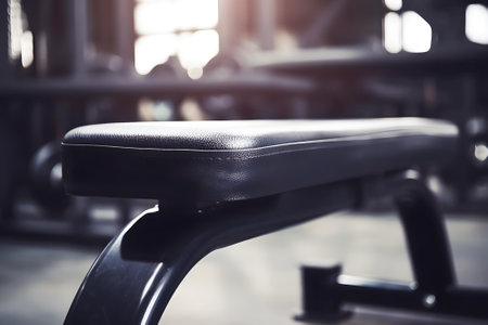 Empty black leather bench in sport gym for workout close up. Training and exercising concept.の素材
