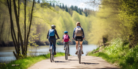 Group of bikers family riding on bicycles on ground pathway of river bank in park in spring season, rear viewの素材
