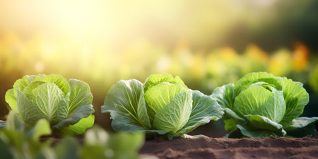 Fresh cabbage with green leaves growing on farm field or garden bed with fertilized soil under sunlight. Farming produce and healthy food concept.の素材