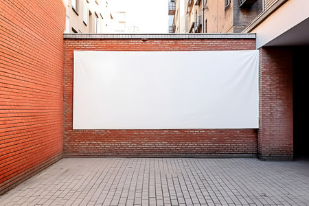 Large empty white billboard with copy space for mockup mounted on red brick wall at urban street outdoorの素材