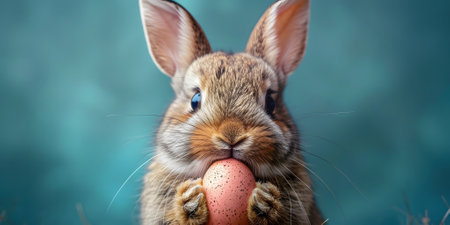Cute bunny with fluffy fur holding Easter painted egg in his paws. Easter symbols and traditions.の素材