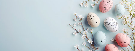 Various easter eggs were sprinkled with colorful flowers on blue background in style of cherry blossoms in minimalist and monochromatic light gray and tealの素材